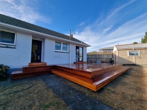 The same deck from the lawn, oiled and finished