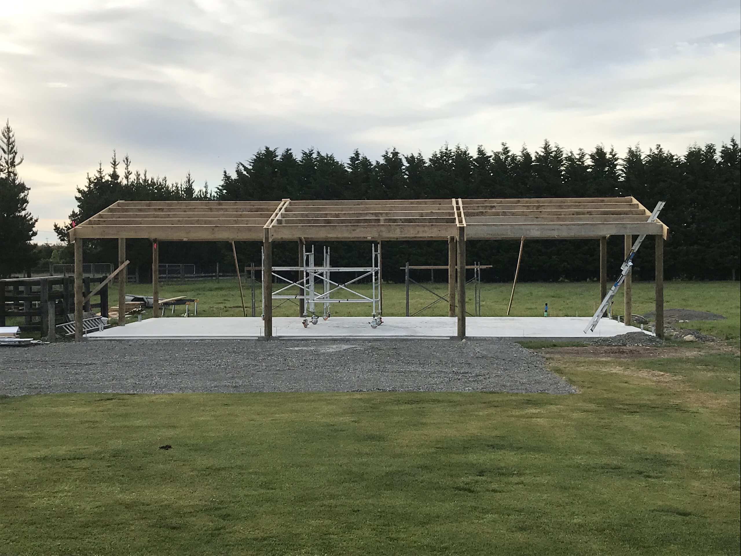 Pavilion at frame stage, rafters up over a new concrete pad
